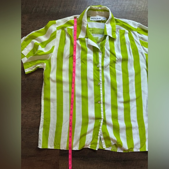 PIERRE CARDIN 80s rayon lime green white striped vacation button down shirt sz 8 - Picture 12 of 13